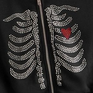 FLOEMS RHINESTONE SKELTON HEART CROP ZIPPER HOODIE NWT